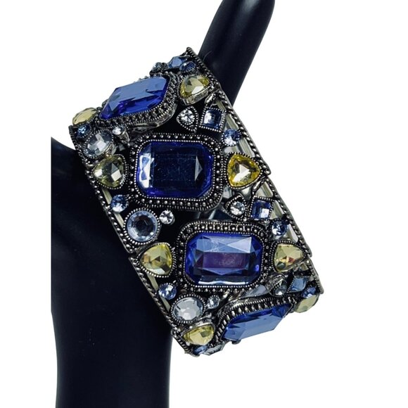 Vintage Silver Tone With Blue, Clear And Yellow Rhinestones Stretch Bracelet (53 - Picture 2 of 8
